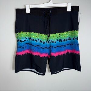 Burnside Men's Swim Trunks Board Shorts-Black Bright Print-Size 36-NWT